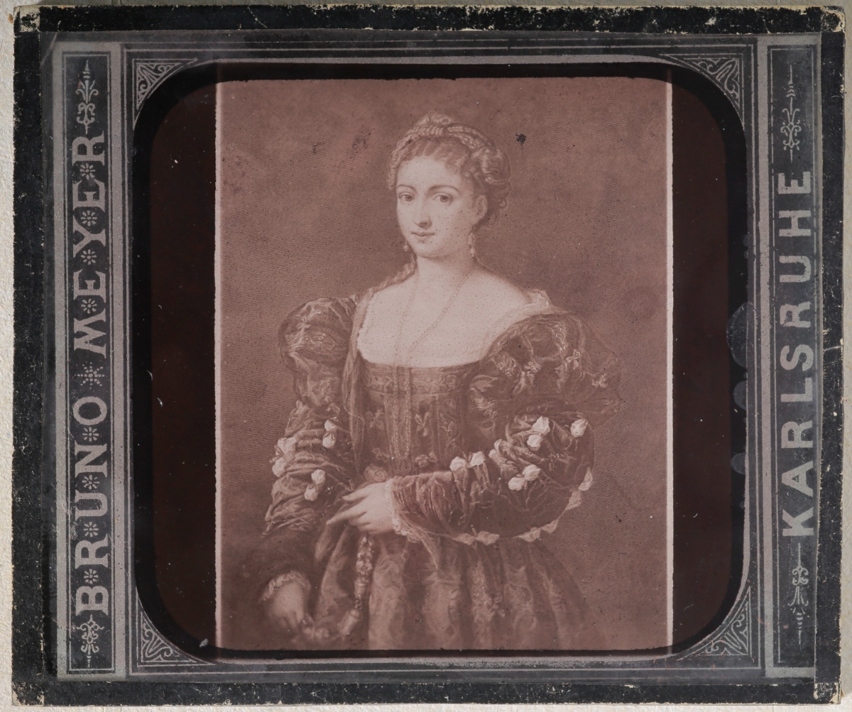 Diapositiv einer grafischen Darstellung des Gemäldes "La Bella" von Tizian (1536