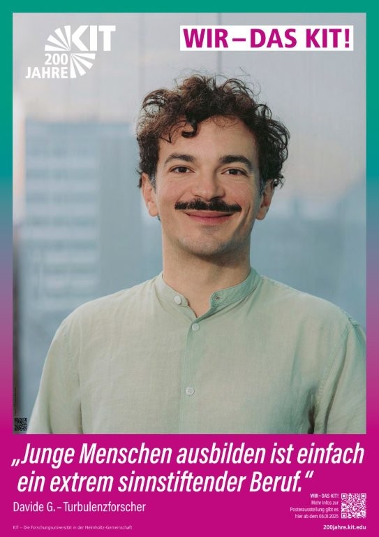 Das Bild zeigt einen Mann mit dem Schriftzug des KIT und einem Zitat über Beruf.