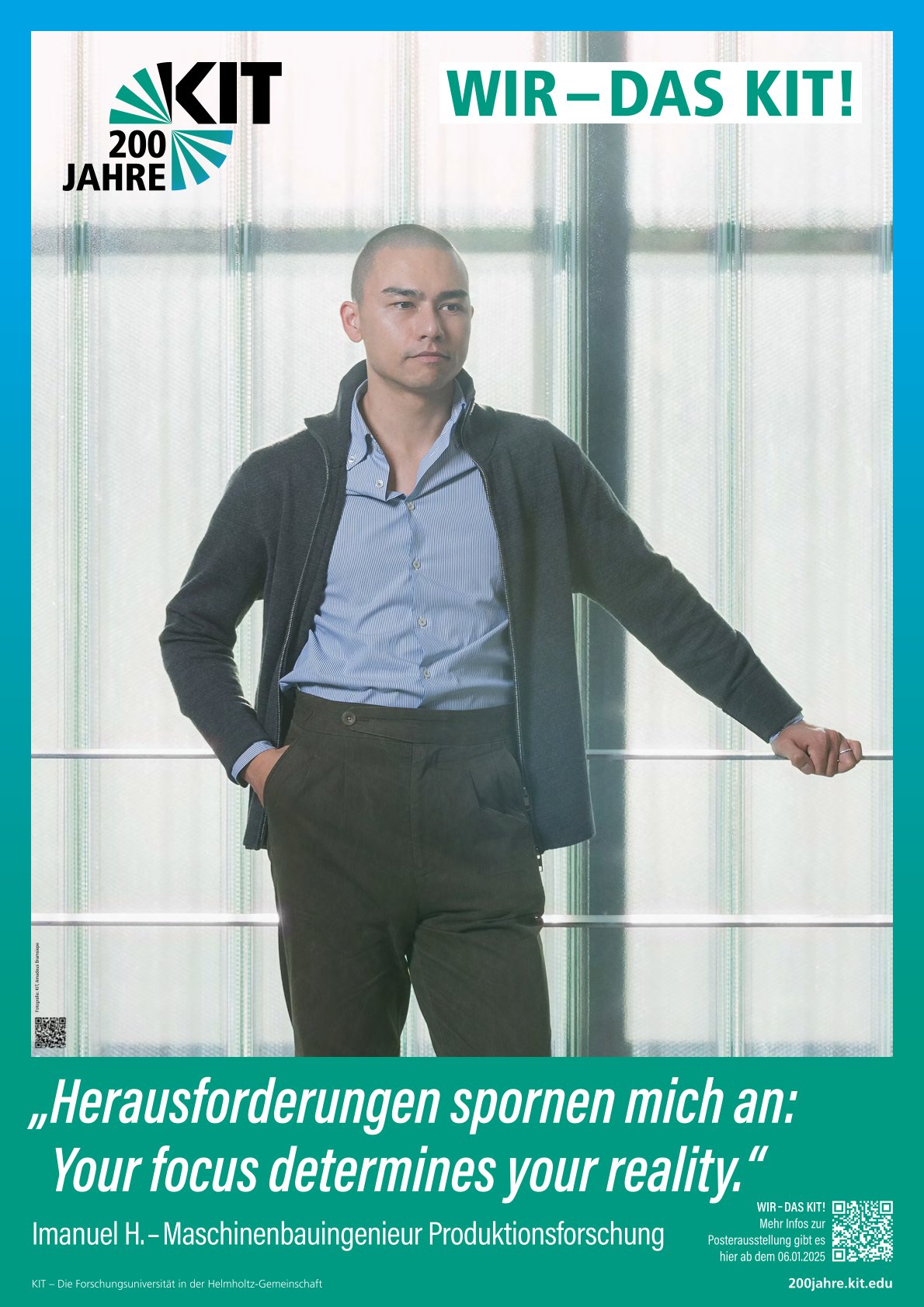 Portrait eines Mannes mit Text zu 200 Jahre KIT und Maschinenbau.