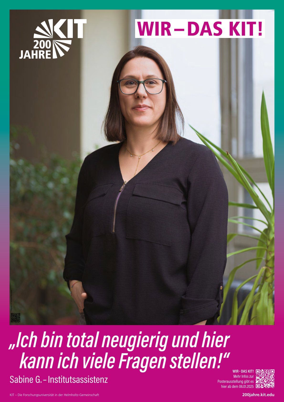 Frau im Porträt mit Zitat über Neugier anlässlich 200 Jahre KIT.